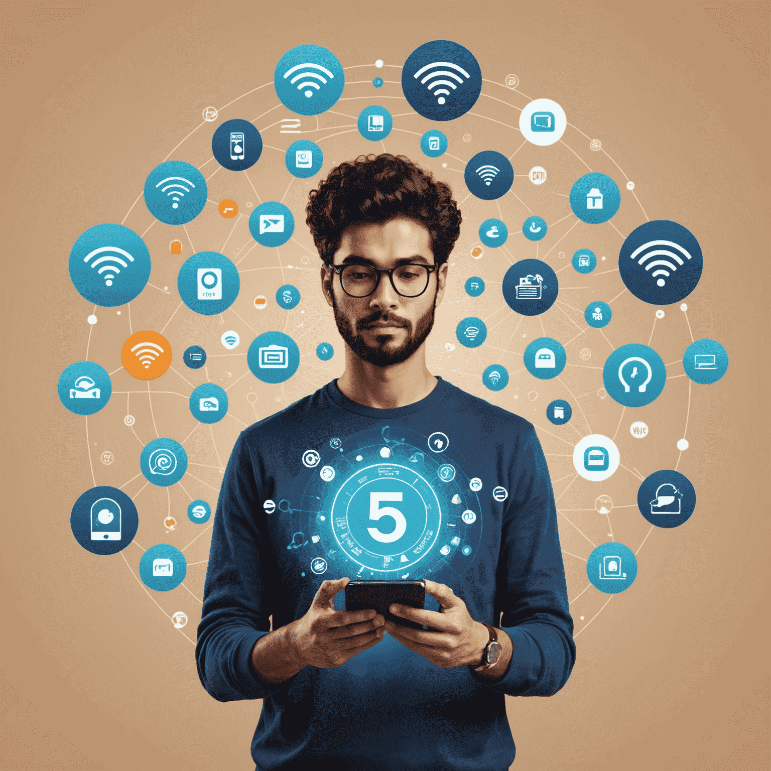 Illustration of a person using a smartphone with high-speed 5G internet connection, surrounded by icons representing mobile plans, WiFi, and TV packages