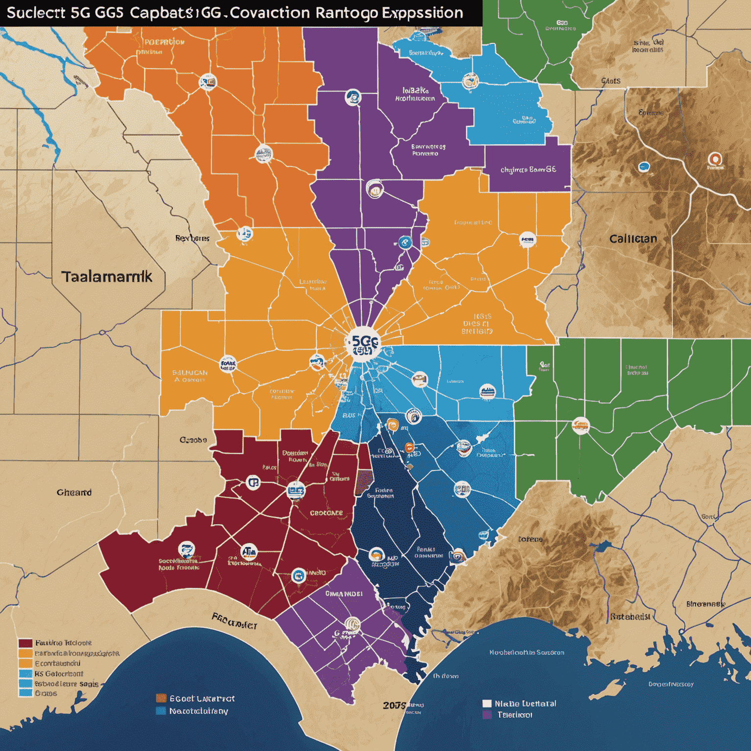 A map showing the current and planned 5G network coverage expansion across the country, with different colors indicating the various stages of the rollout process.