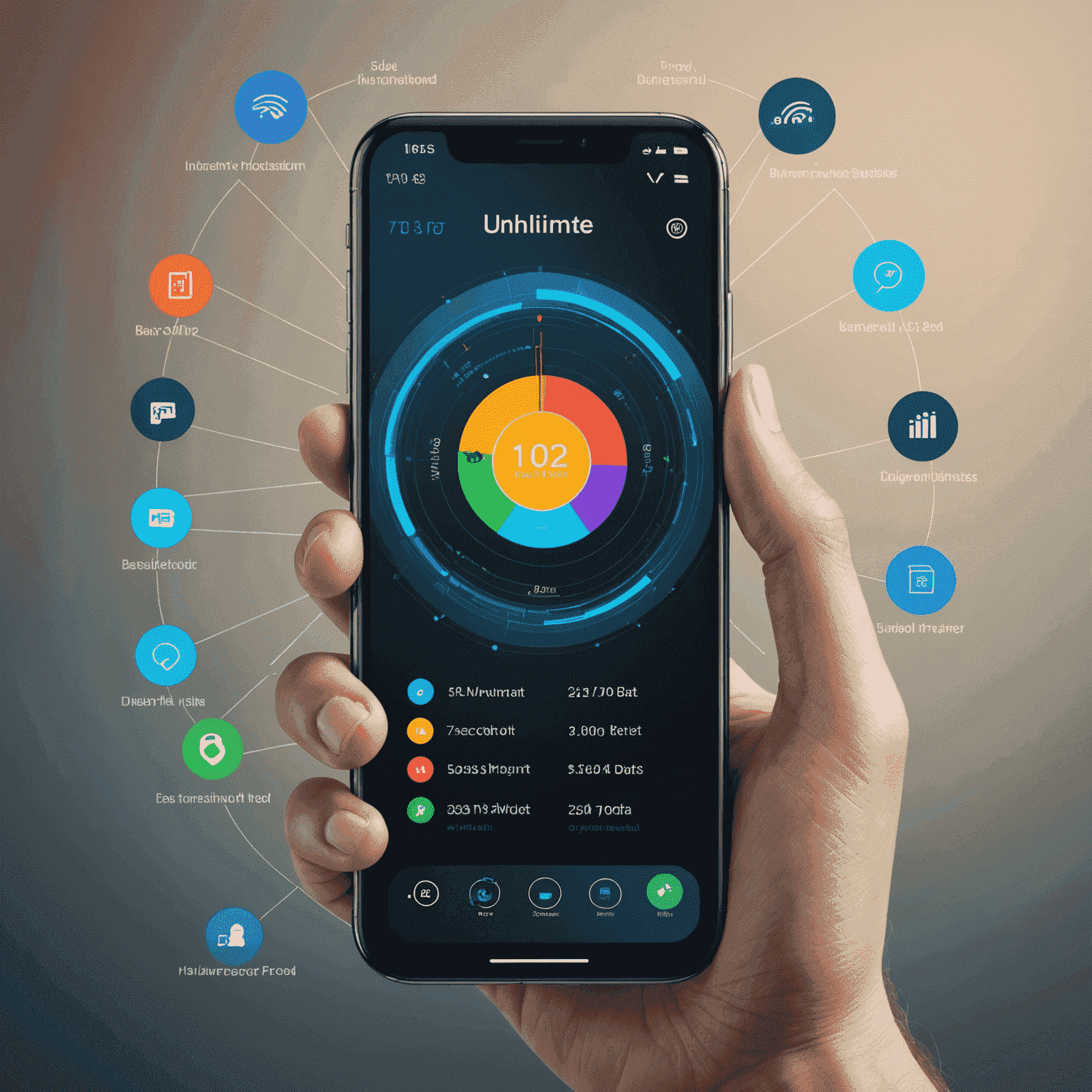 Visual representation of unlimited data plans, showing a smartphone with multiple streaming services and fast internet speed indicators