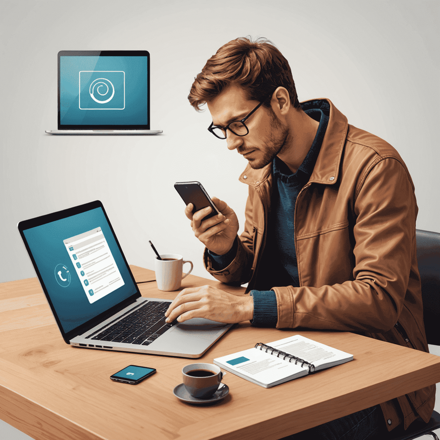 Illustration of a person using a smartphone and laptop, optimizing their mobile and internet experience