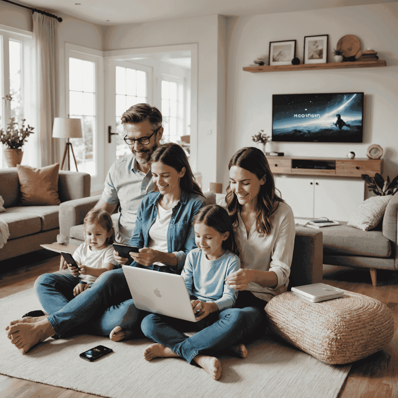 A family enjoying high-speed home internet, with multiple devices connected and streaming various content simultaneously