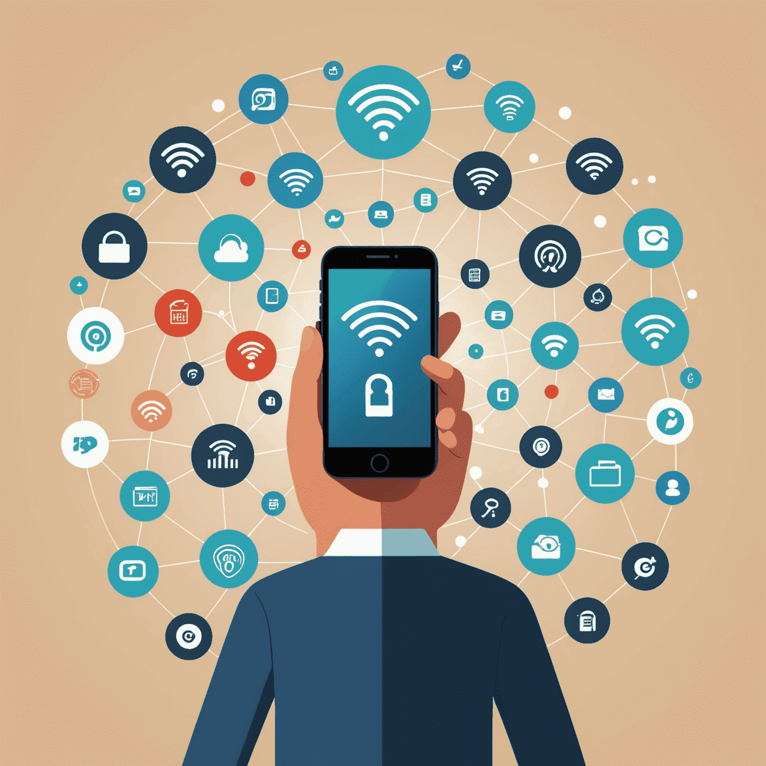 Illustration of a person optimizing their mobile and internet experience, with icons representing Wi-Fi, data management, and other tips and tricks